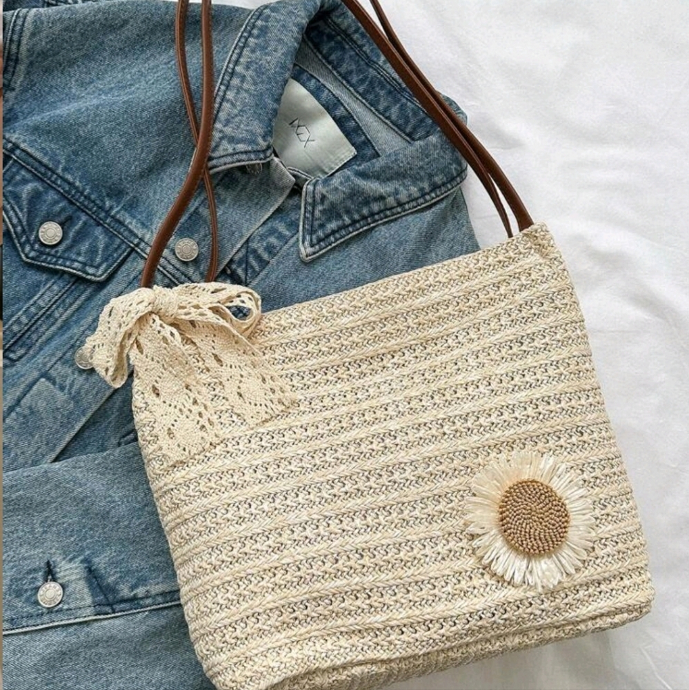 NEW Boutique Beige Straw Shoulder Bag Woven Tote Brown Faux Leather Handles